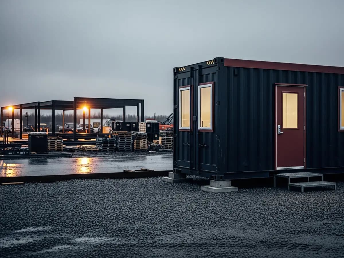Modified shipping container mobile office staged beside a construction site