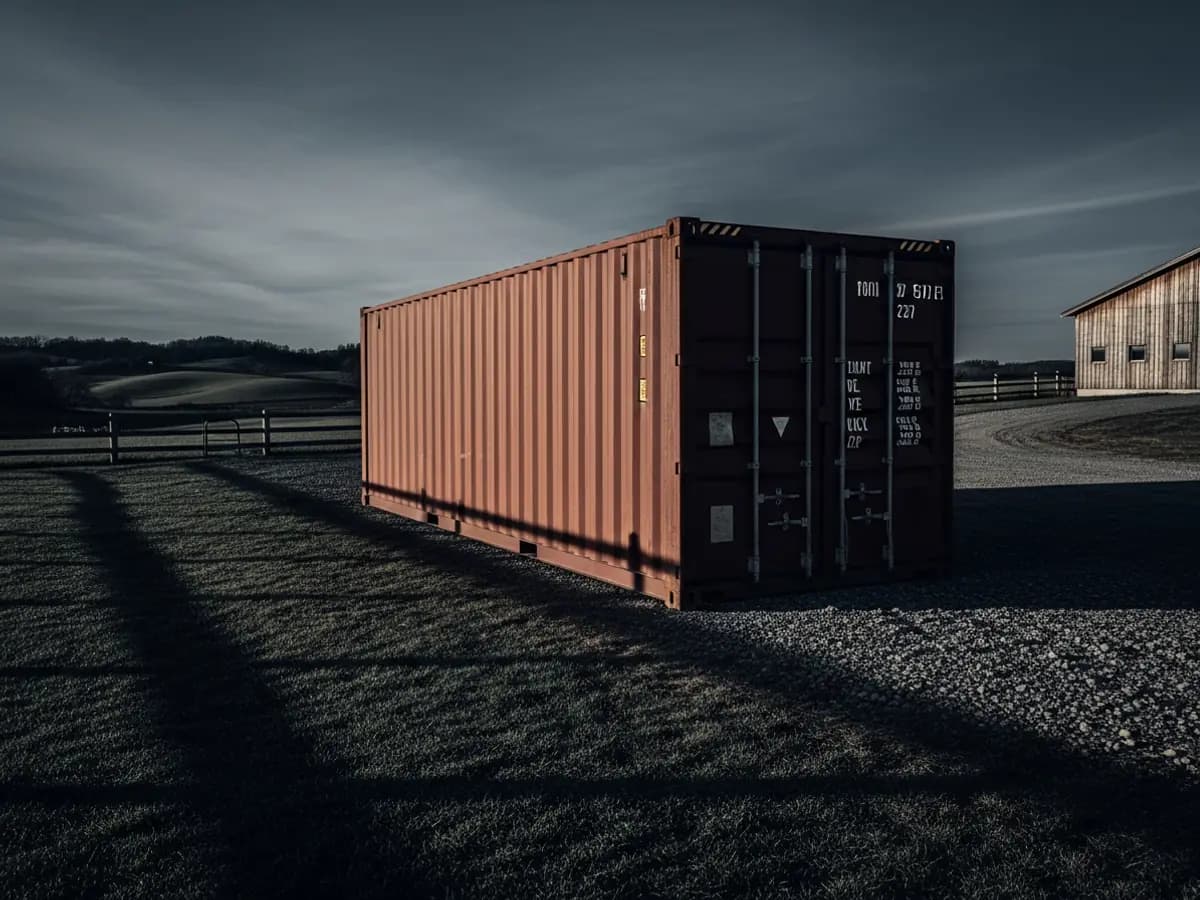 Shipping container delivered to rural acreage at dusk